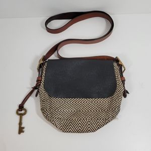 Fossil Harper Tan Geometric Print Black Brown Leather Crossbody Purse